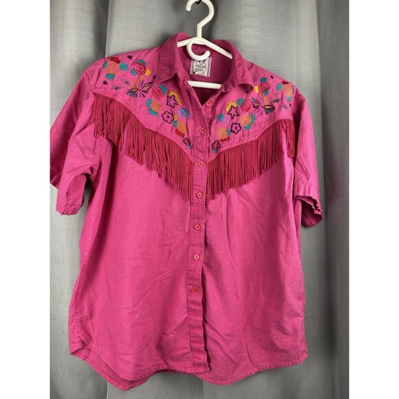 Short Circuit Women's Sz L Pink With Fringe & Embroidered Designs Button Up Top - Picture 1 of 11